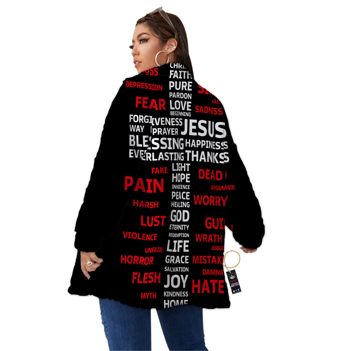 Religious Words Christian Cross Print Women's Sherpa Jacket-grizzshop