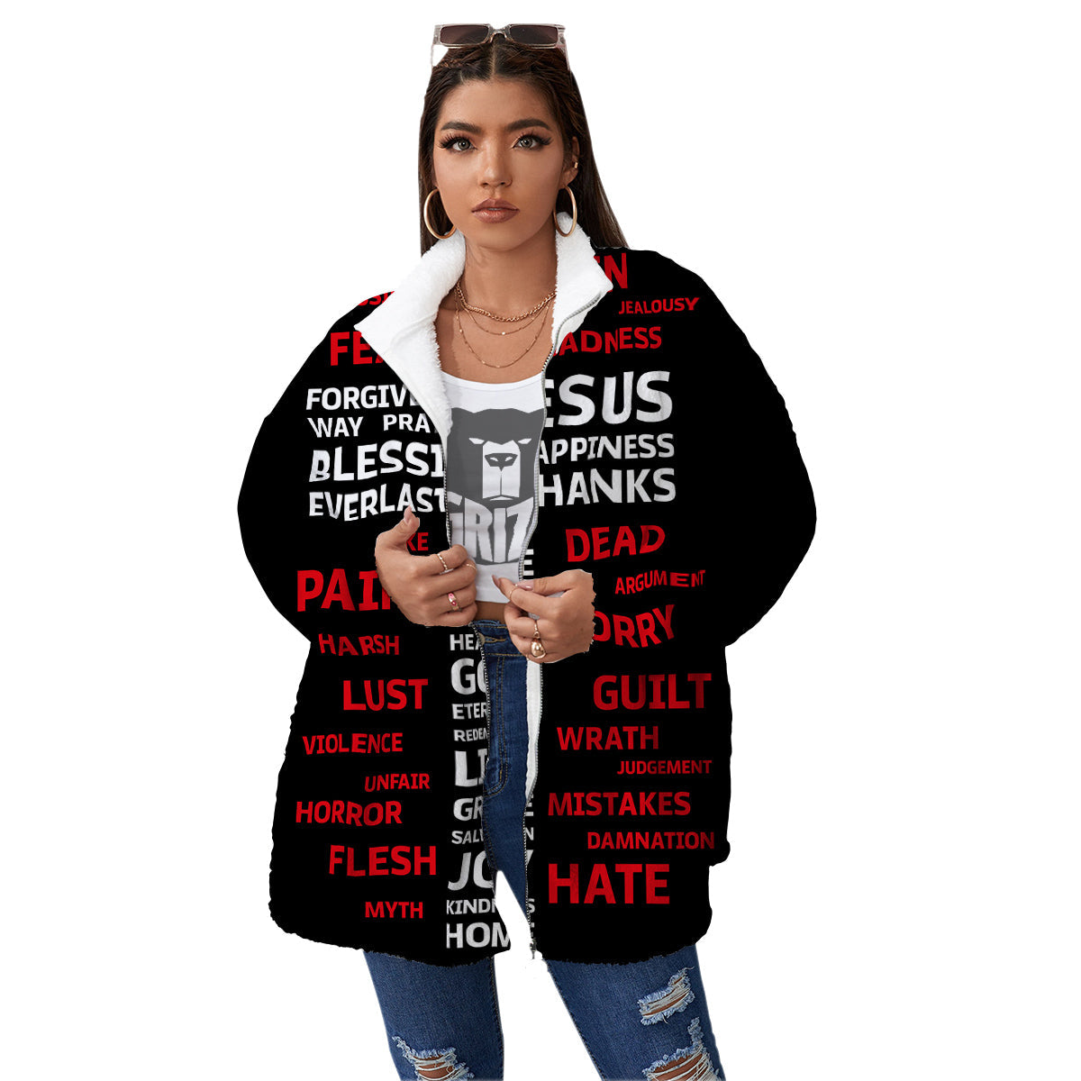 Religious Words Christian Cross Print Women's Sherpa Jacket-grizzshop