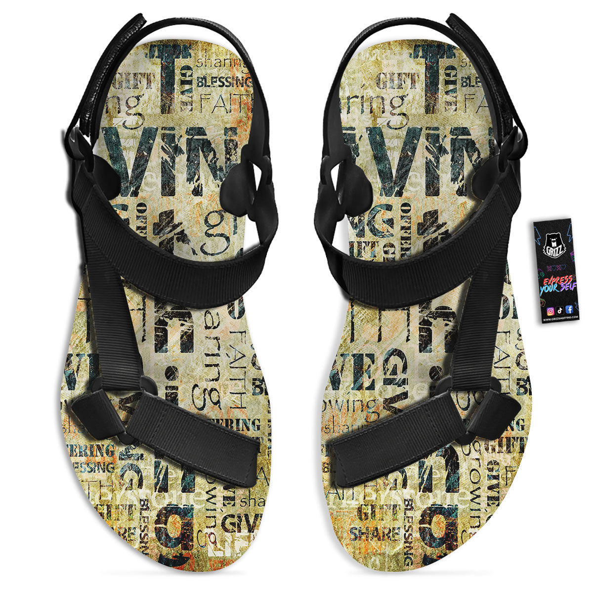 Religious Words Tithing And Giving Print Black Open Toe Sandals-grizzshop