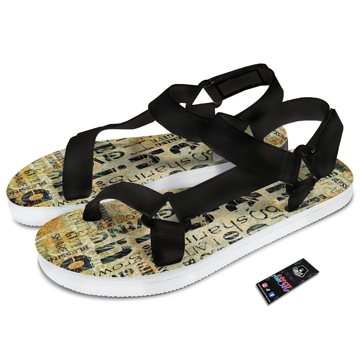 Religious Words Tithing And Giving Print Black Open Toe Sandals-grizzshop