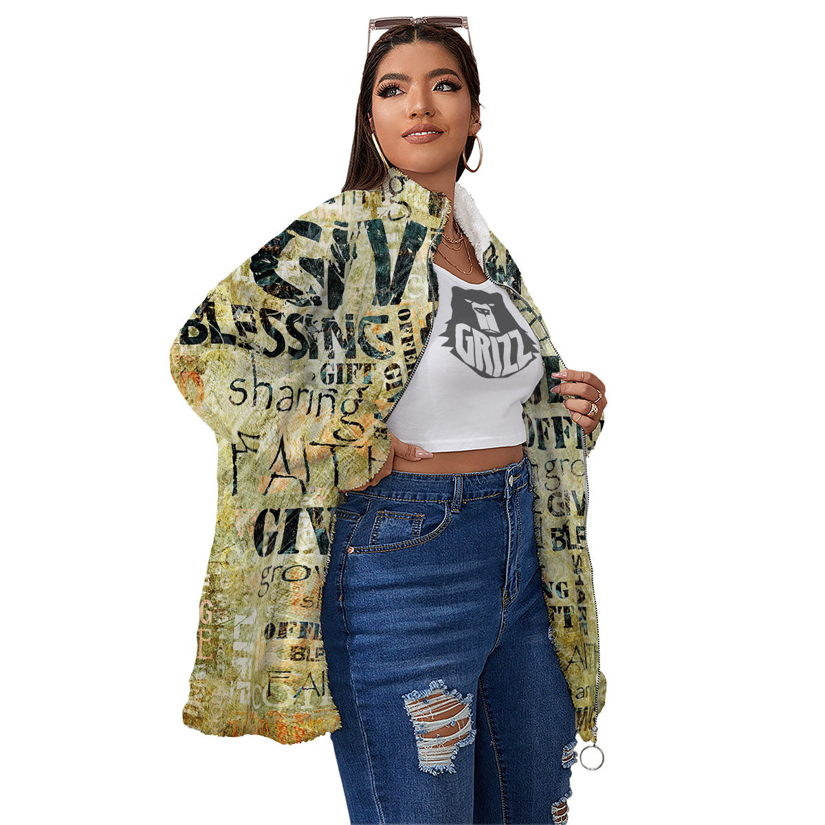 Religious Words Tithing And Giving Print Women's Sherpa Jacket-grizzshop