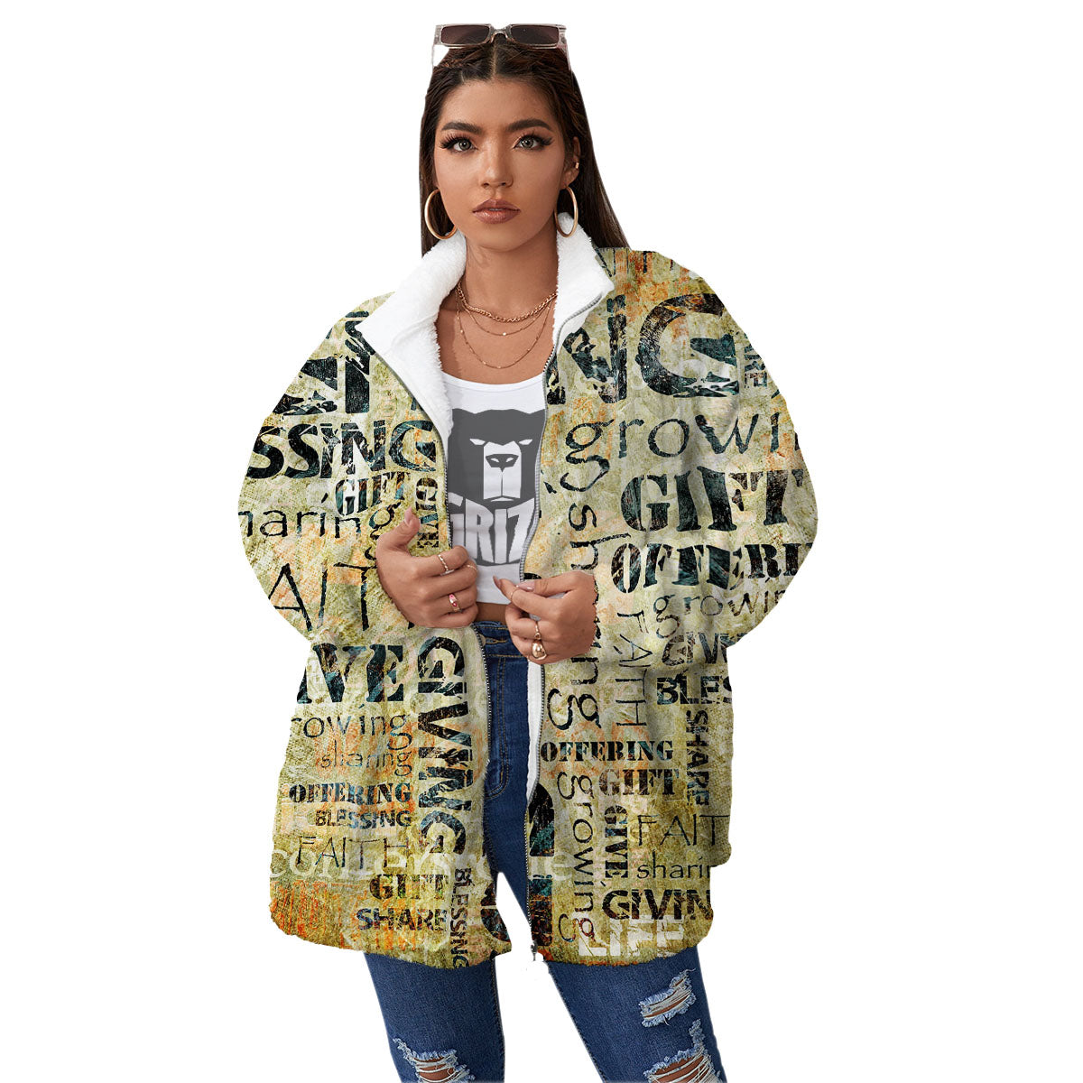 Religious Words Tithing And Giving Print Women's Sherpa Jacket-grizzshop