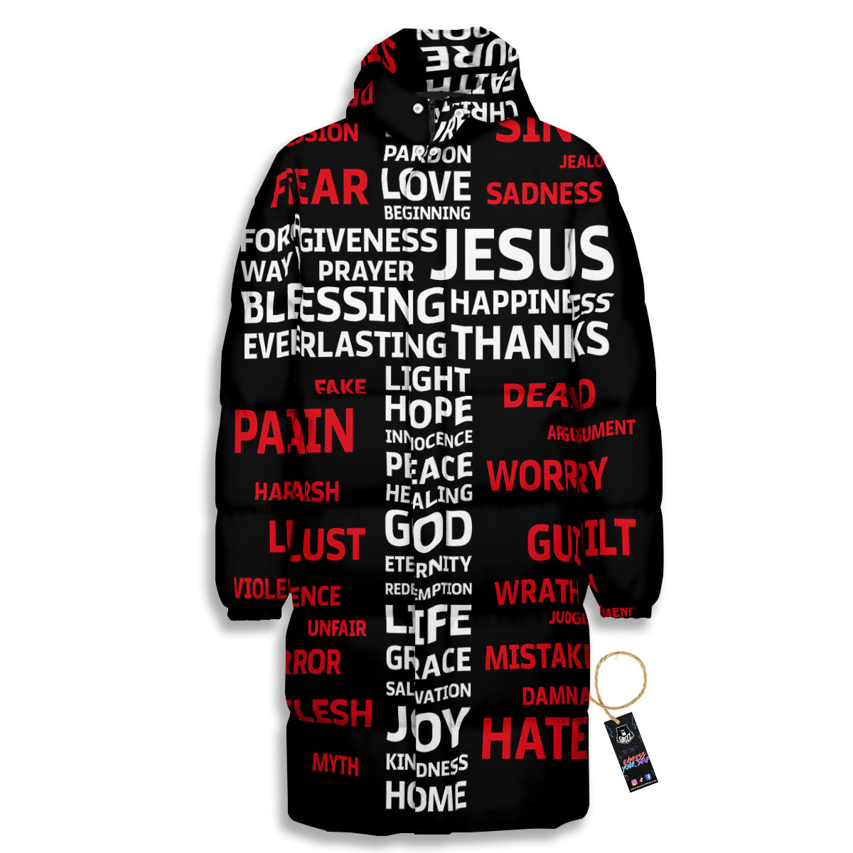 Religious Words Christian Cross Print Long Down Jacket