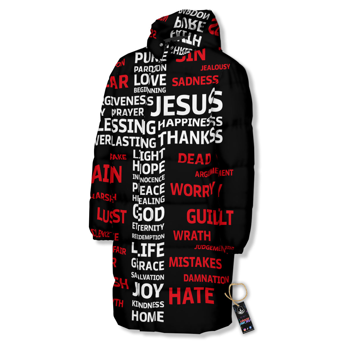 Religious Words Christian Cross Print Long Down Jacket