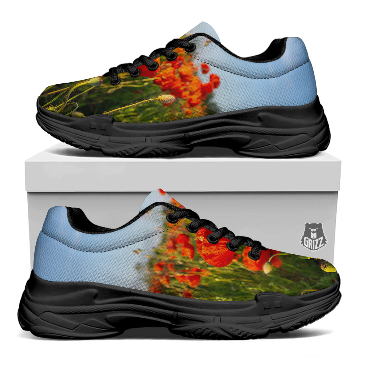 Remembrance Poppy Day Print Black Chunky Shoes-grizzshop