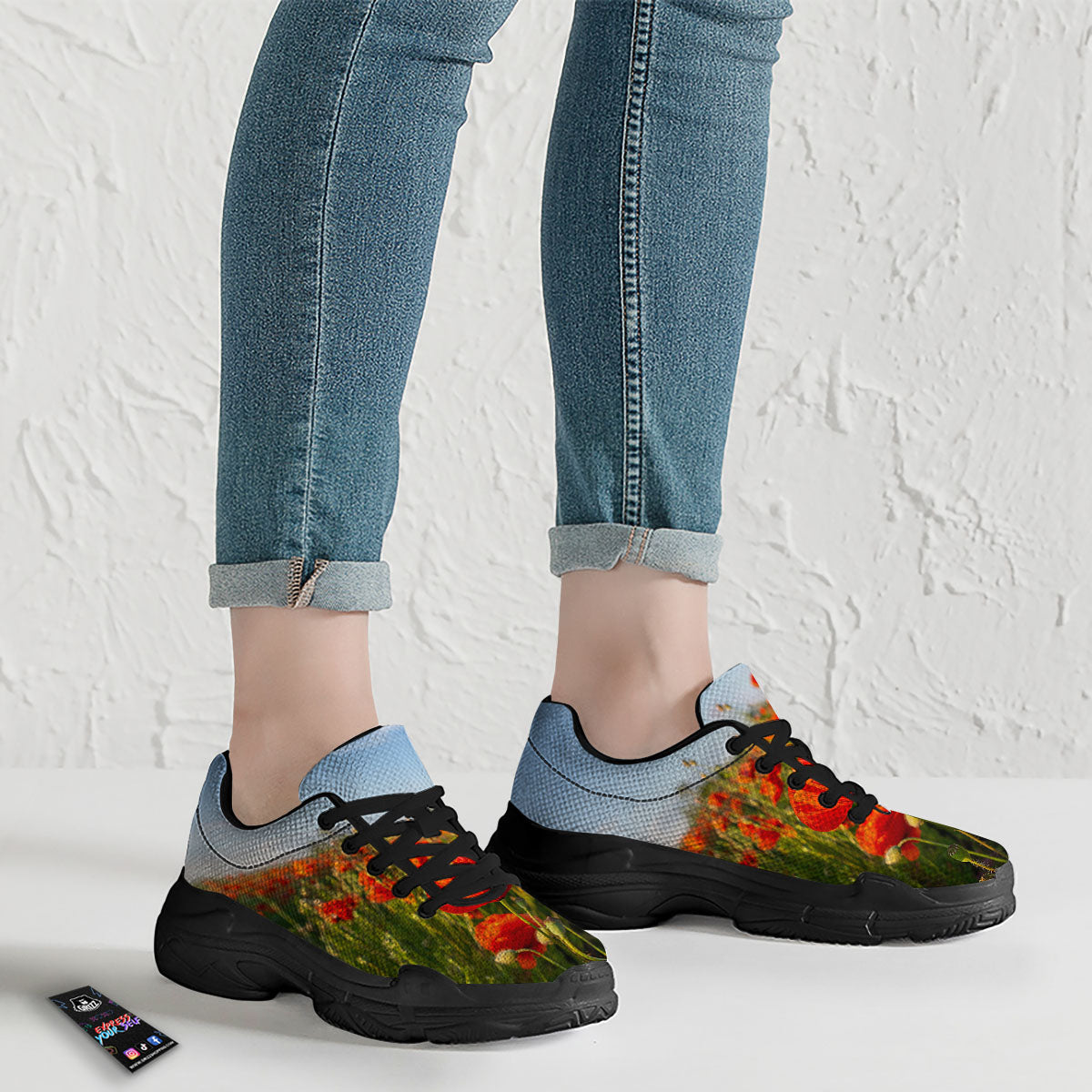 Remembrance Poppy Day Print Black Chunky Shoes-grizzshop