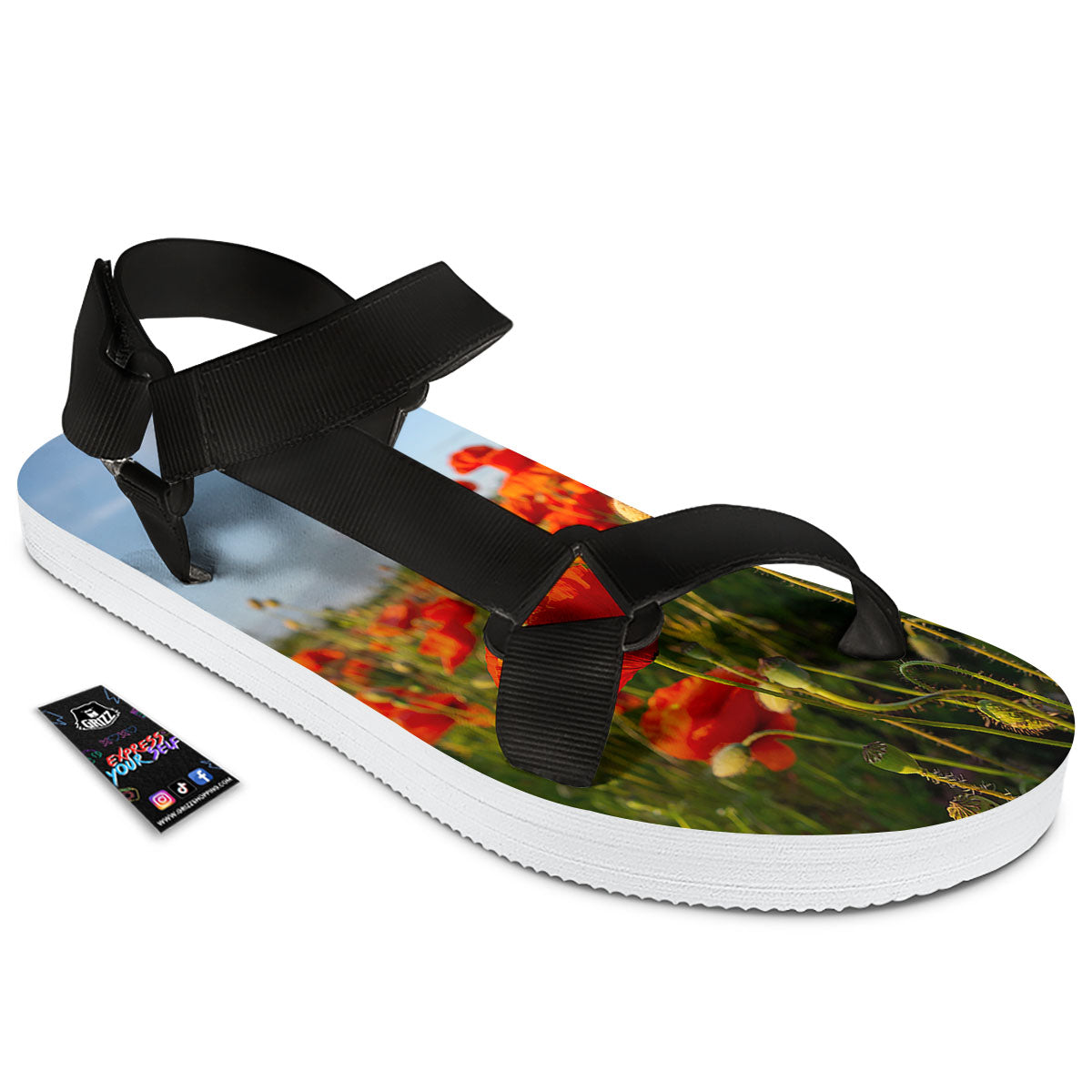 Remembrance Poppy Day Print Black Open Toe Sandals-grizzshop