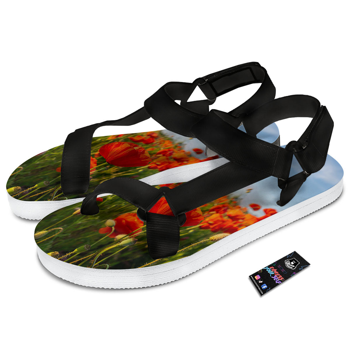 Remembrance Poppy Day Print Black Open Toe Sandals-grizzshop