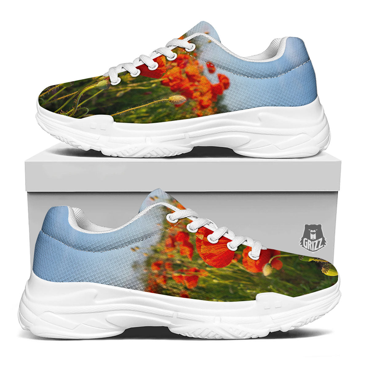 Remembrance Poppy Day Print White Chunky Shoes-grizzshop
