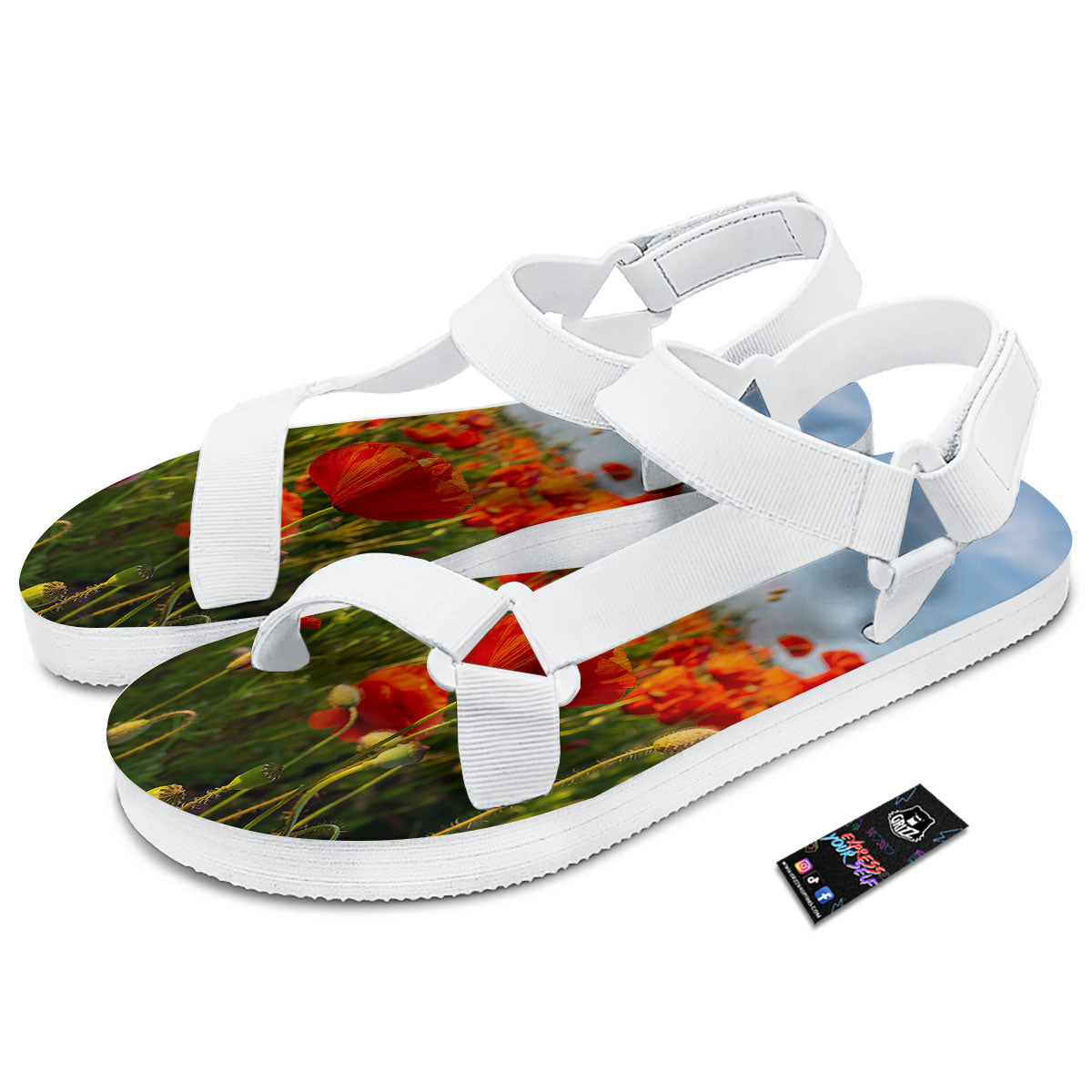 Remembrance Poppy Day Print White Open Toe Sandals-grizzshop