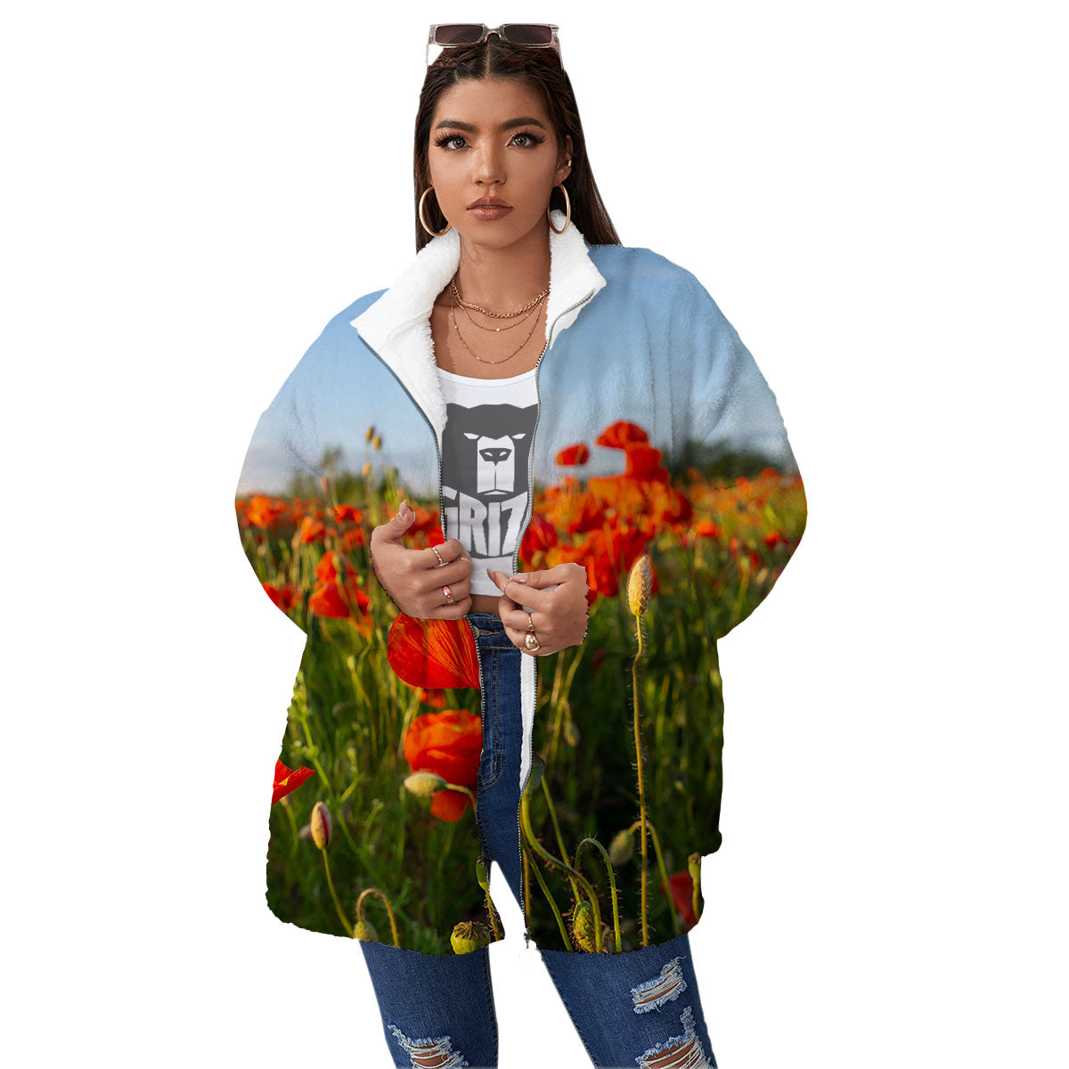 Remembrance Poppy Day Print Women's Sherpa Jacket-grizzshop