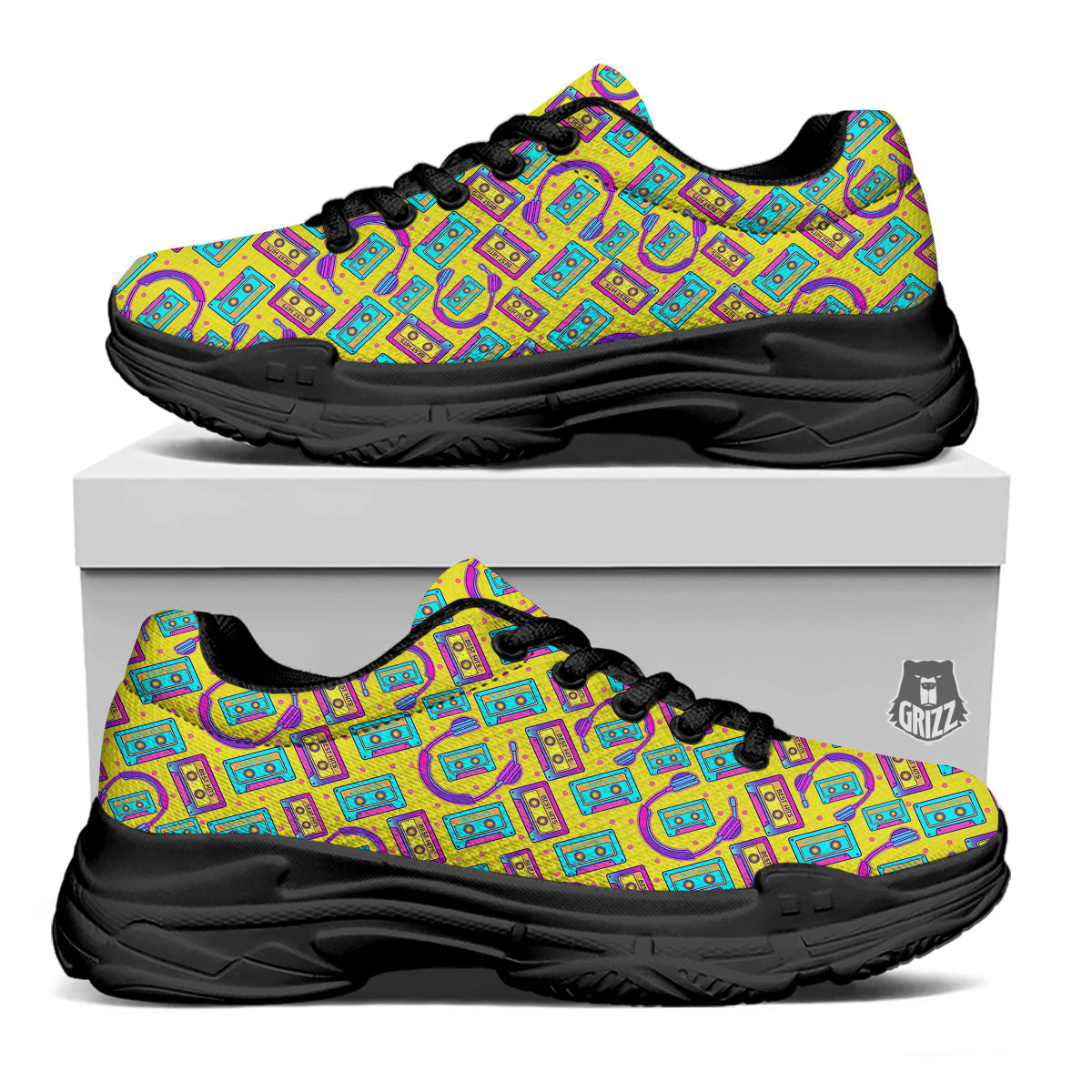 Retro Cassette And Earphones Print Pattern Black Chunky Shoes-grizzshop