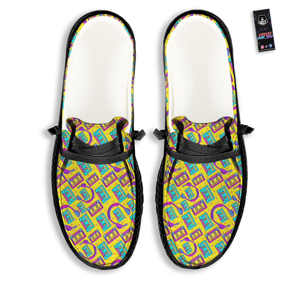Retro Cassette And Earphones Print Pattern Black Loafers-grizzshop