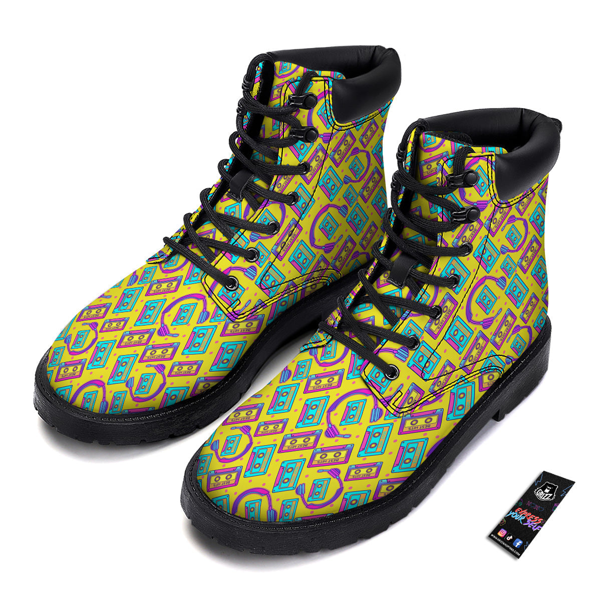 Retro Cassette And Earphones Print Pattern Boots-grizzshop