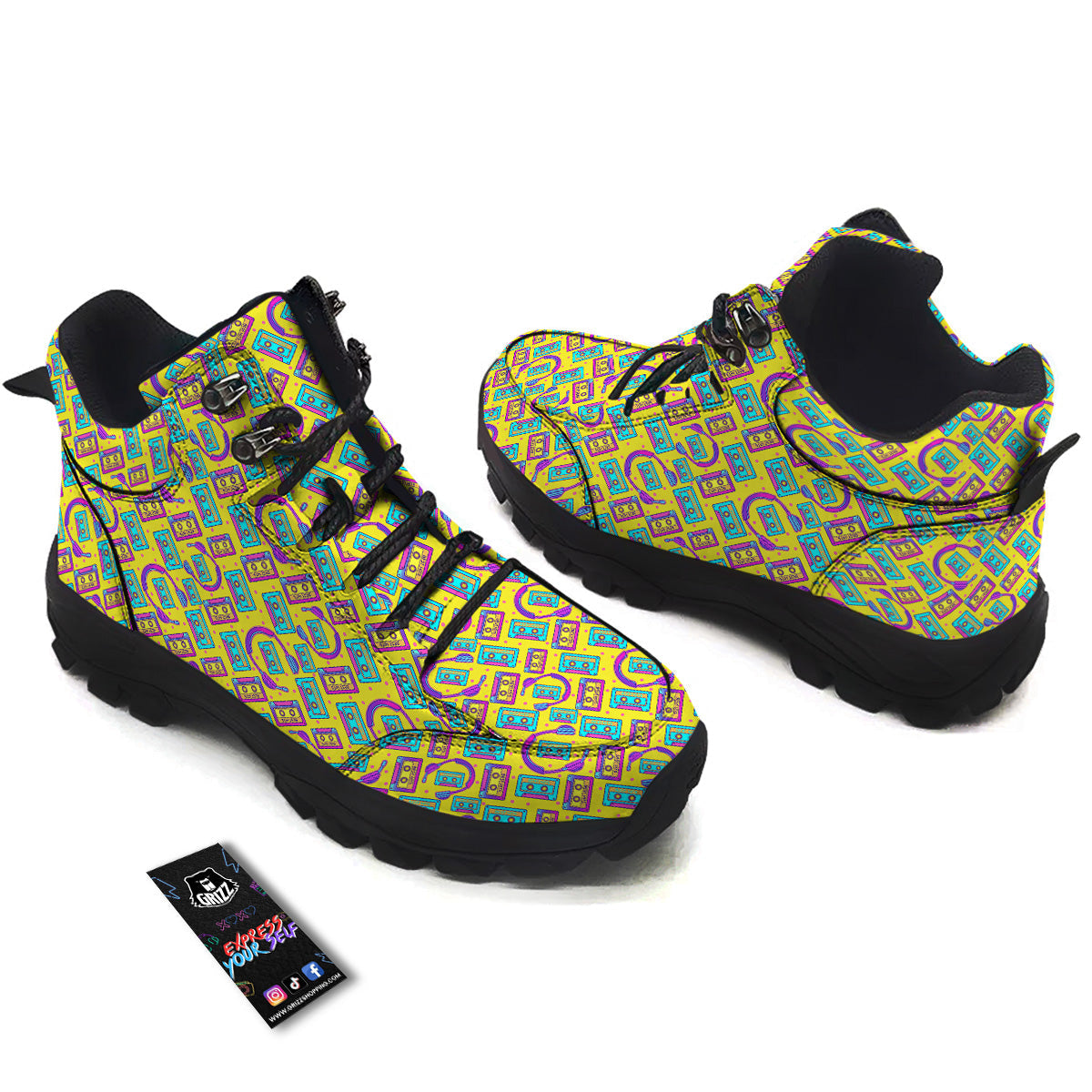 Retro Cassette And Earphones Print Pattern Hiking Shoes-grizzshop