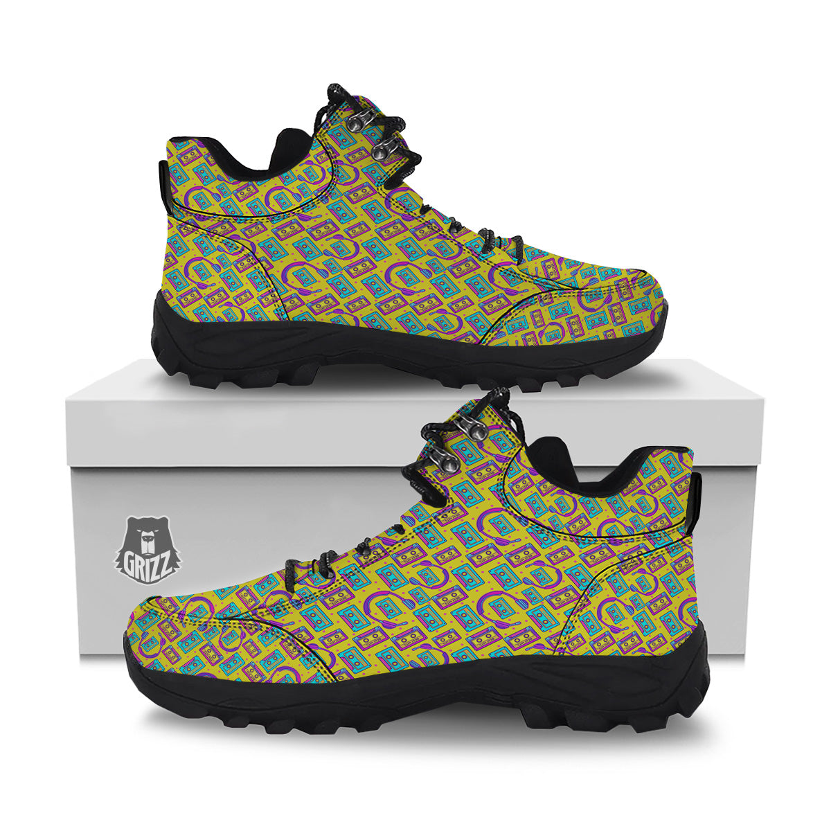 Retro Cassette And Earphones Print Pattern Hiking Shoes-grizzshop