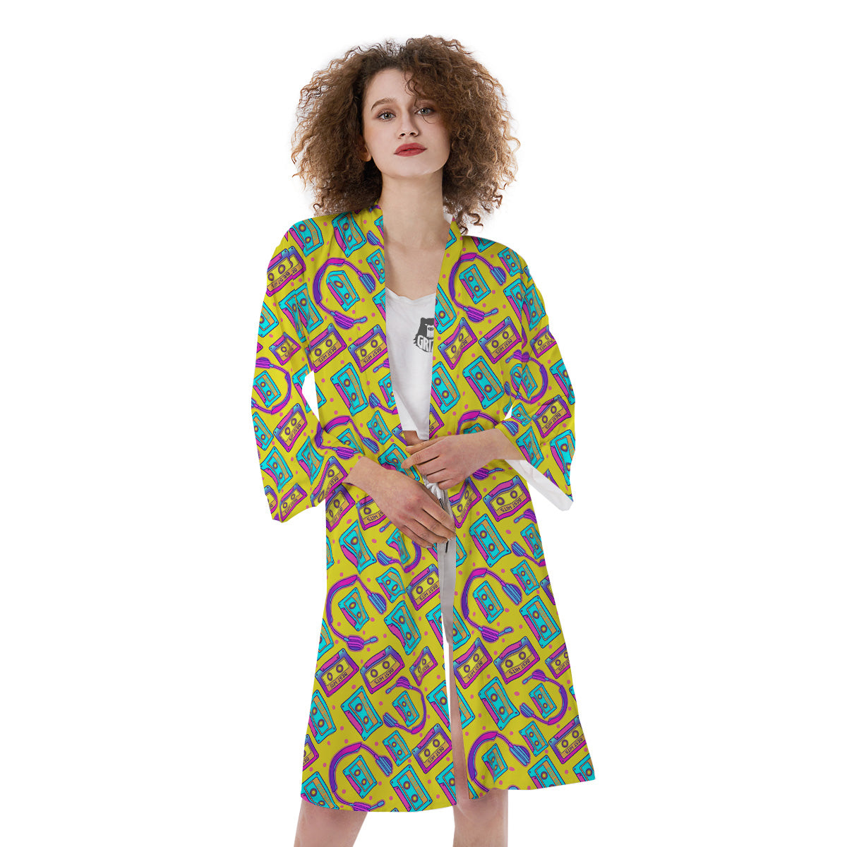Retro Cassette And Earphones Print Pattern Kimono-grizzshop