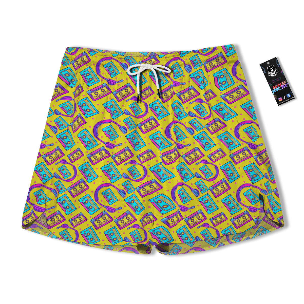 Retro Cassette And Earphones Print Pattern Men's Running Shorts-grizzshop