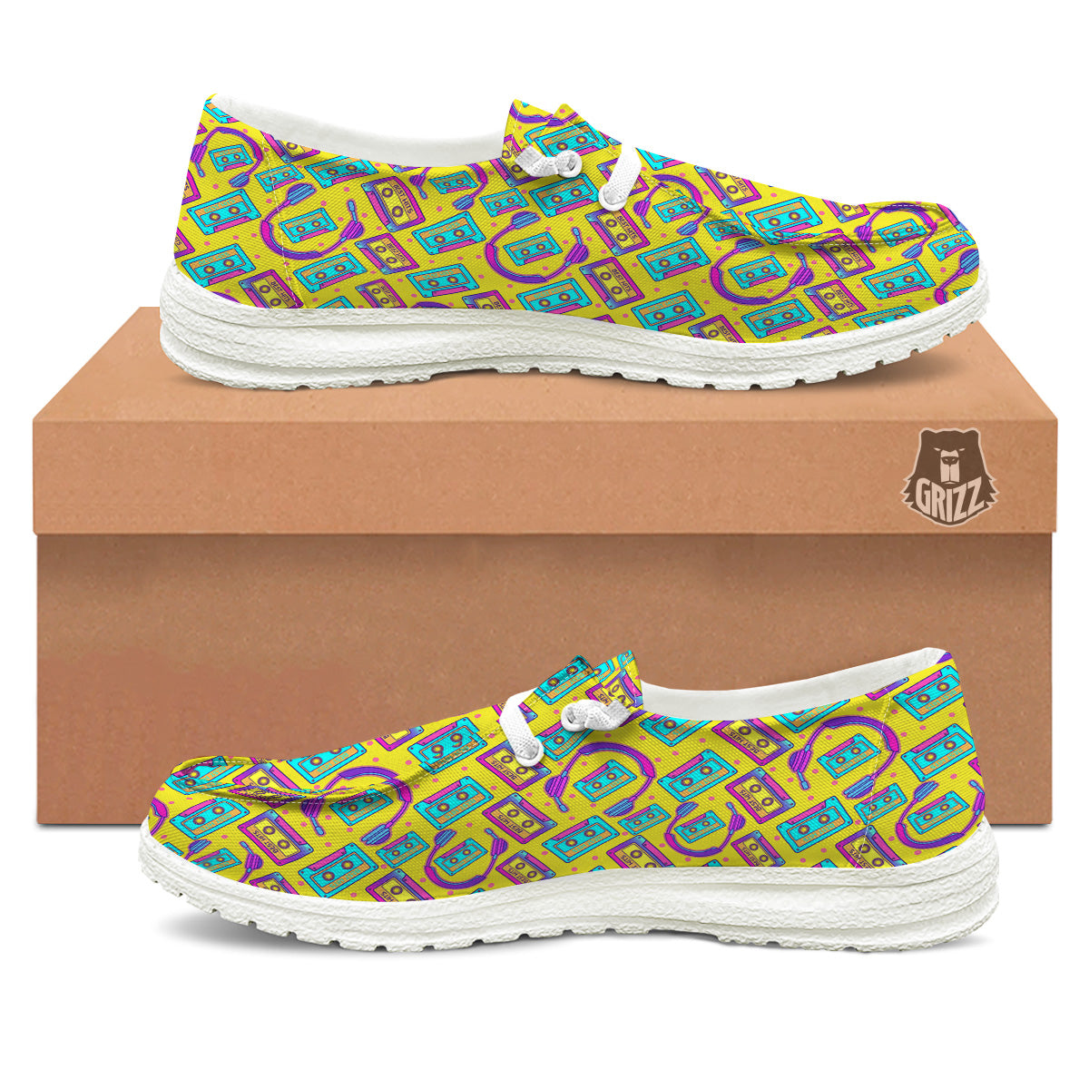 Retro Cassette And Earphones Print Pattern White Loafers-grizzshop