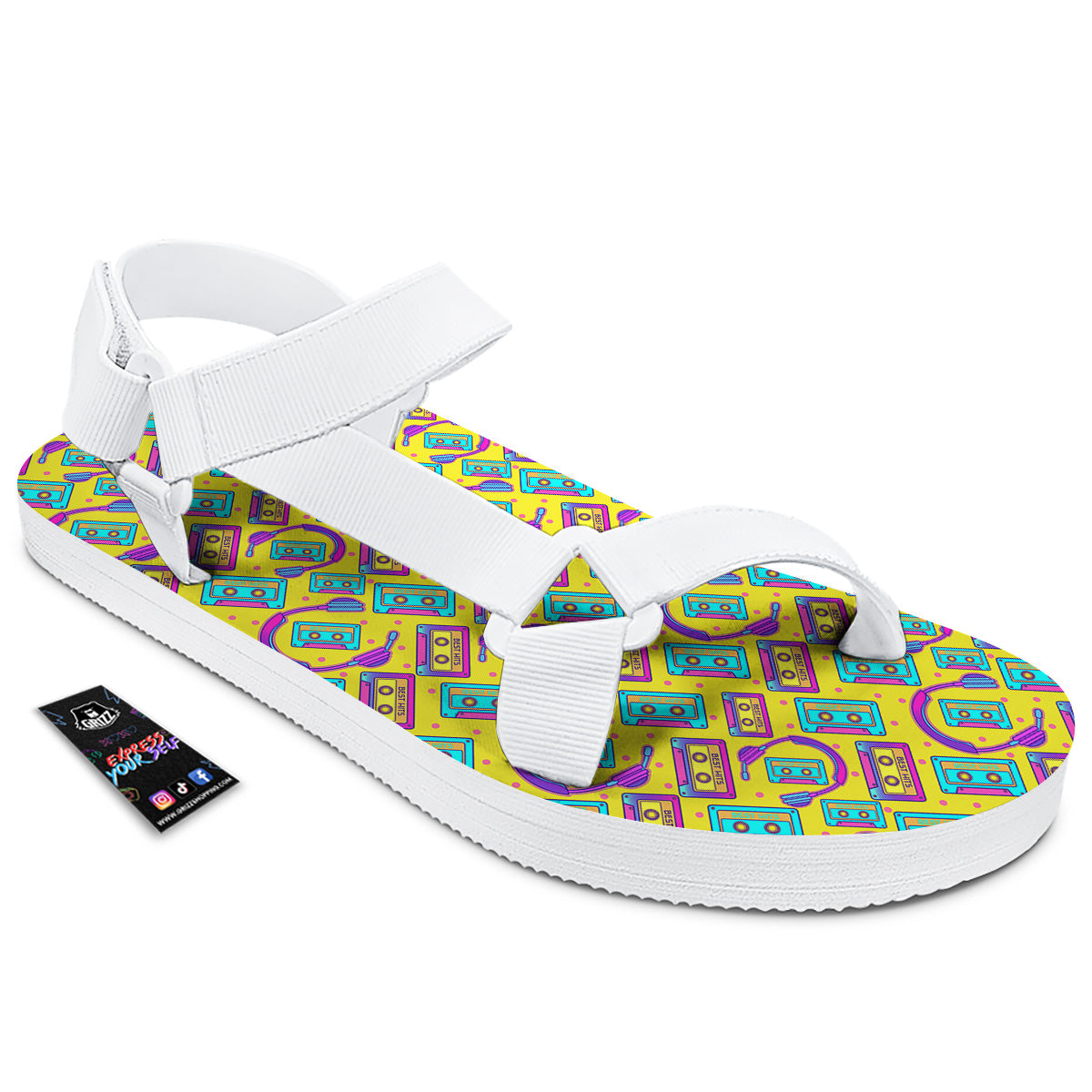 Retro Cassette And Earphones Print Pattern White Open Toe Sandals-grizzshop