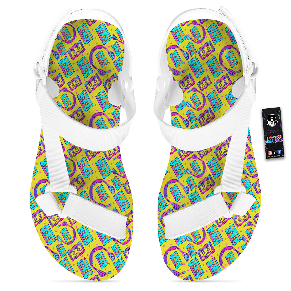 Retro Cassette And Earphones Print Pattern White Open Toe Sandals-grizzshop