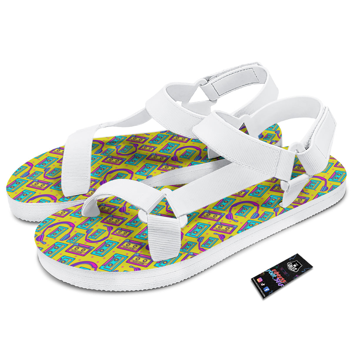 Retro Cassette And Earphones Print Pattern White Open Toe Sandals-grizzshop