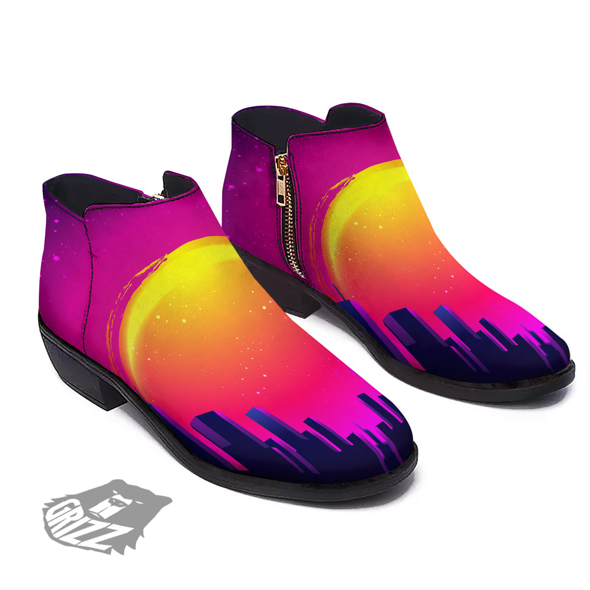 Retro City Sunrise Print Ankle Boots-grizzshop