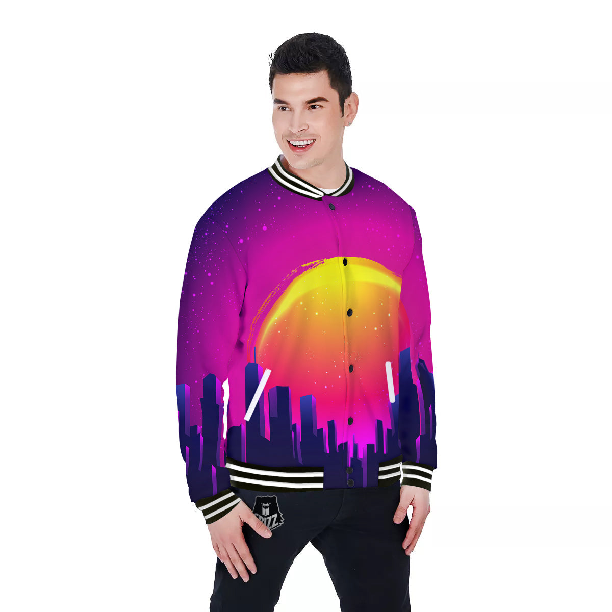 Retro City Sunrise Print Baseball Jacket-grizzshop