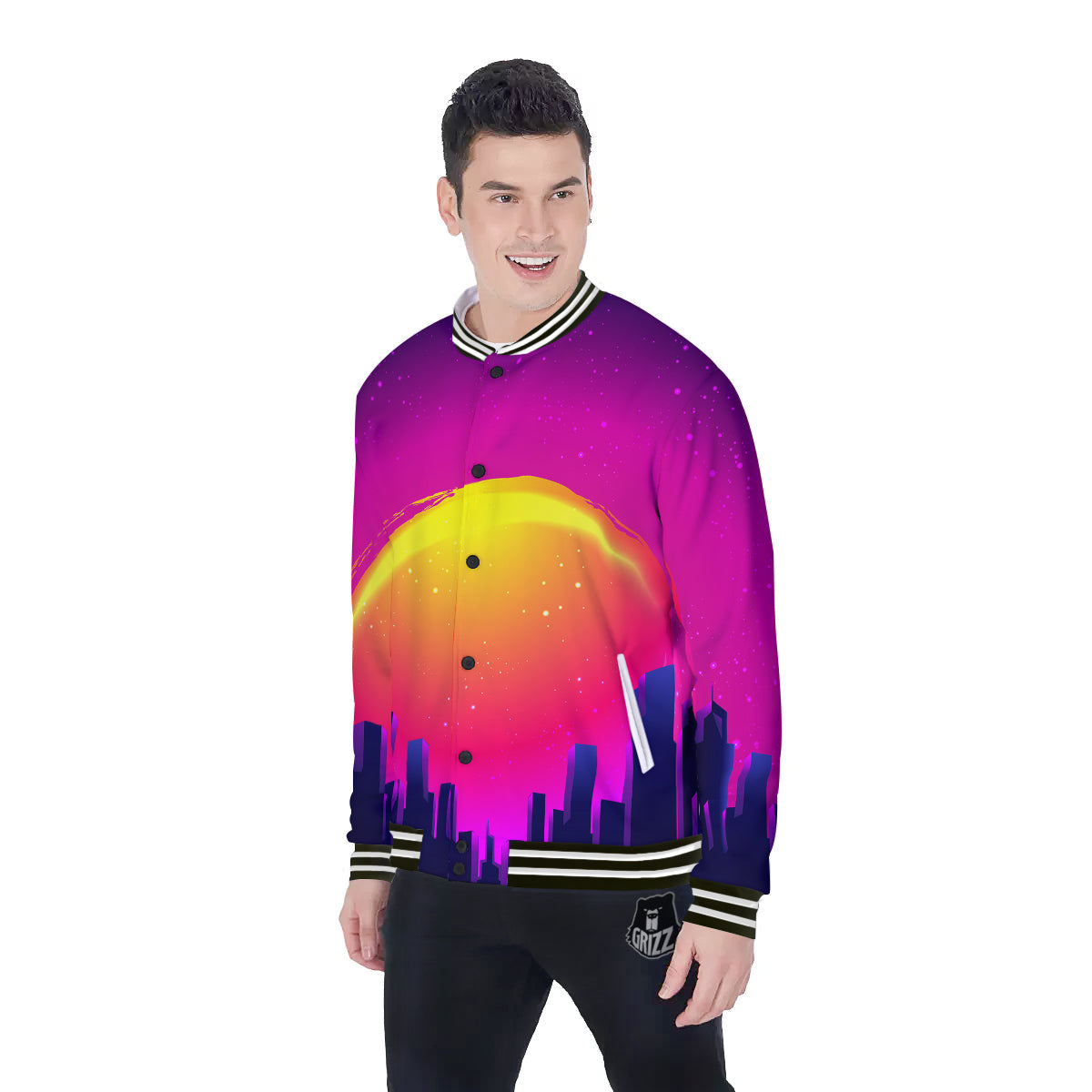 Retro City Sunrise Print Baseball Jacket-grizzshop
