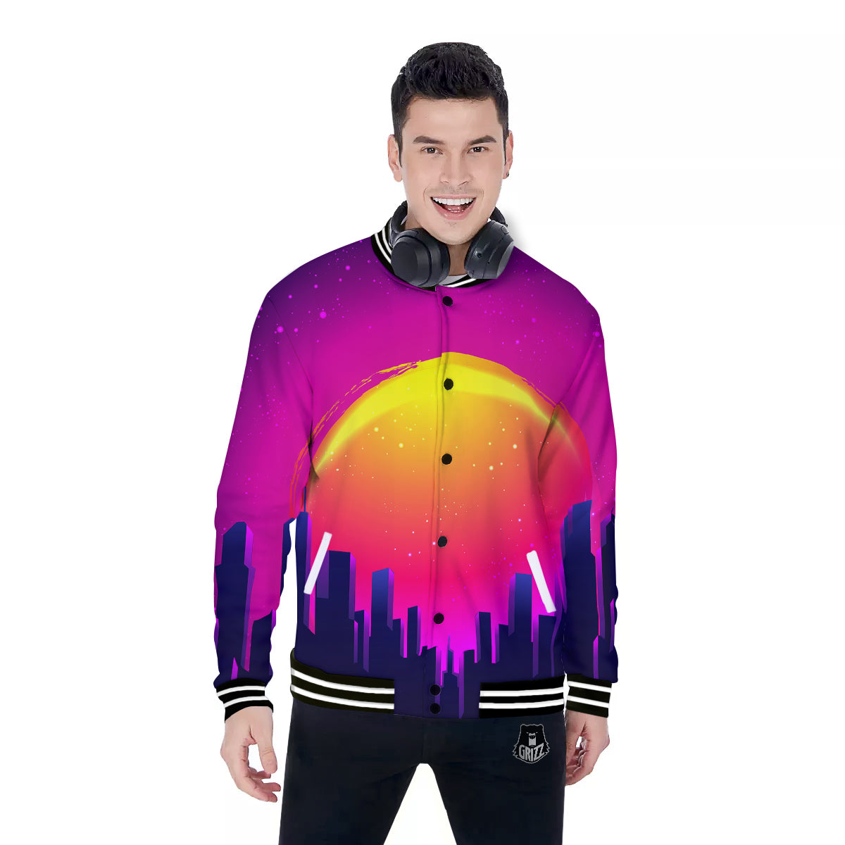 Retro City Sunrise Print Baseball Jacket-grizzshop