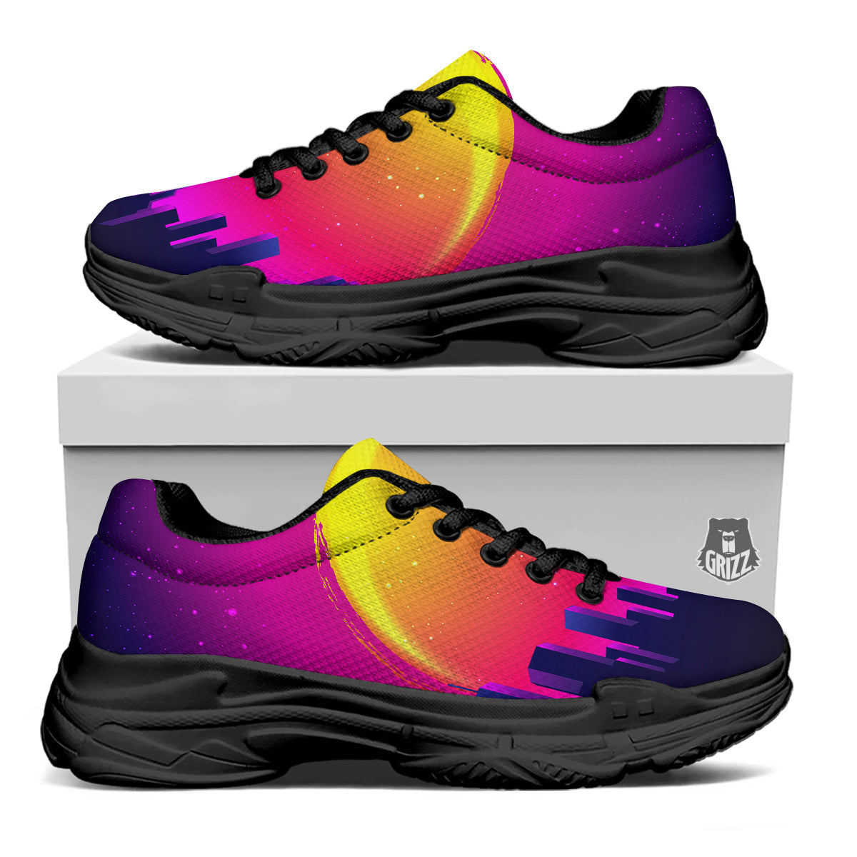 Retro City Sunrise Print Black Chunky Shoes-grizzshop