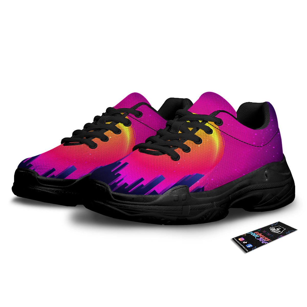 Retro City Sunrise Print Black Chunky Shoes-grizzshop