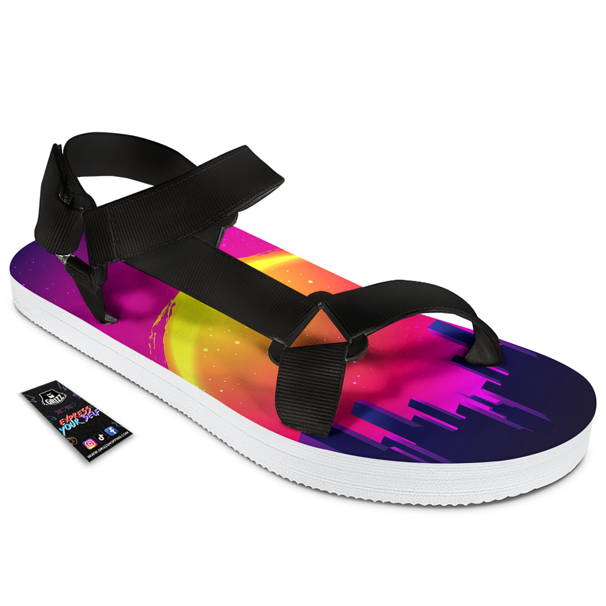 Retro City Sunrise Print Black Open Toe Sandals-grizzshop