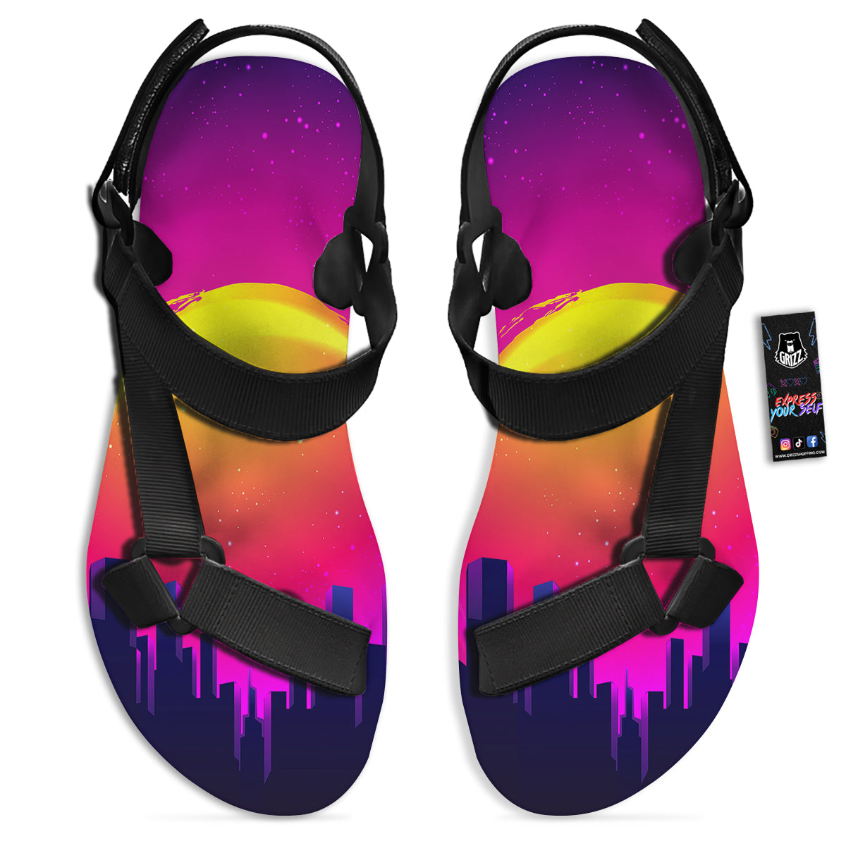Retro City Sunrise Print Black Open Toe Sandals-grizzshop