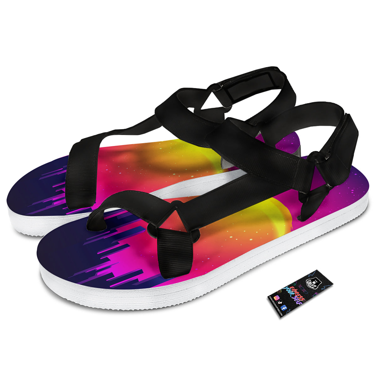 Retro City Sunrise Print Black Open Toe Sandals-grizzshop