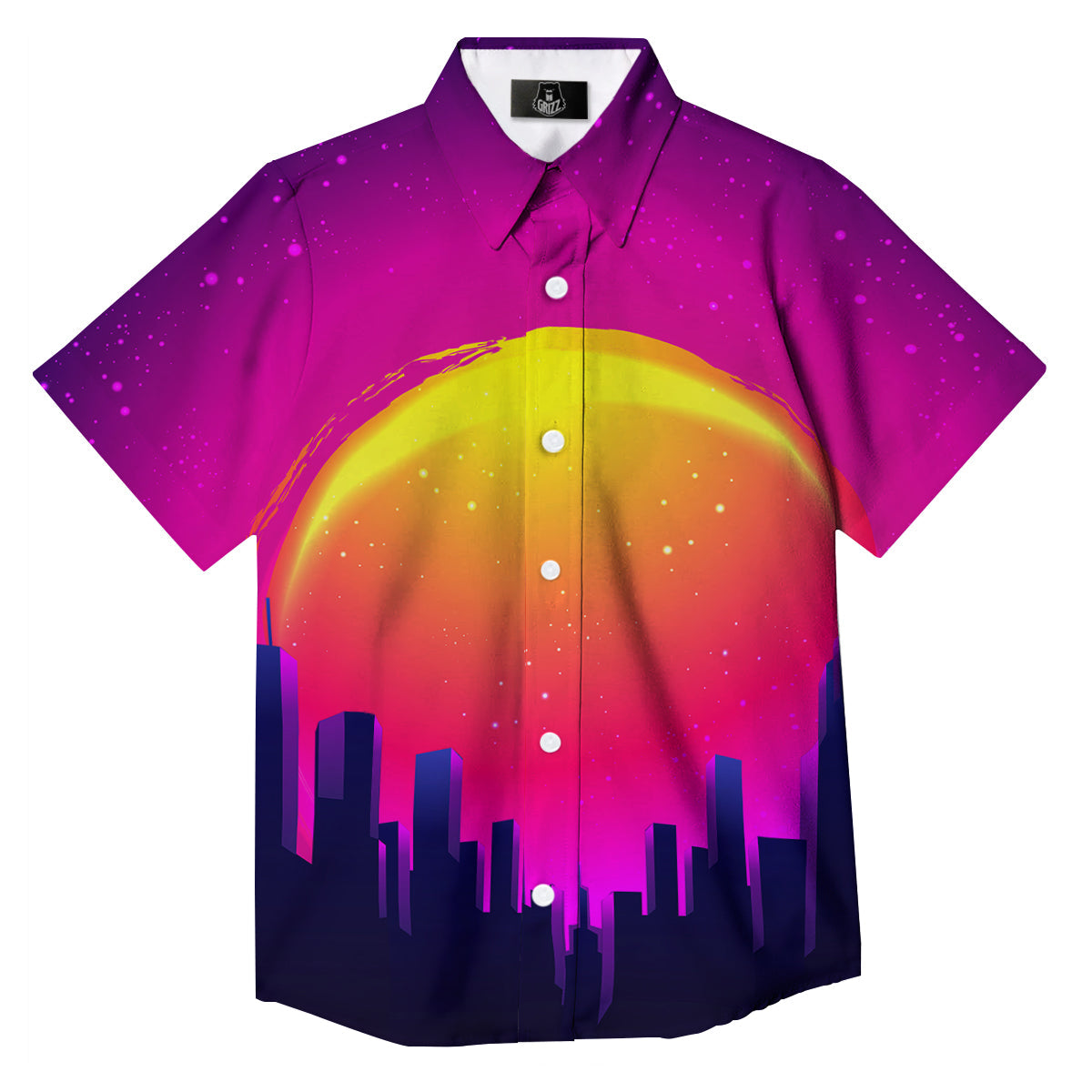 Retro City Sunrise Print Button Up Shirt-grizzshop