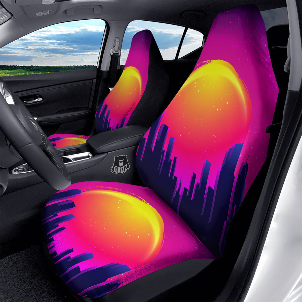 Retro City Sunrise Print Car Seat Covers-grizzshop