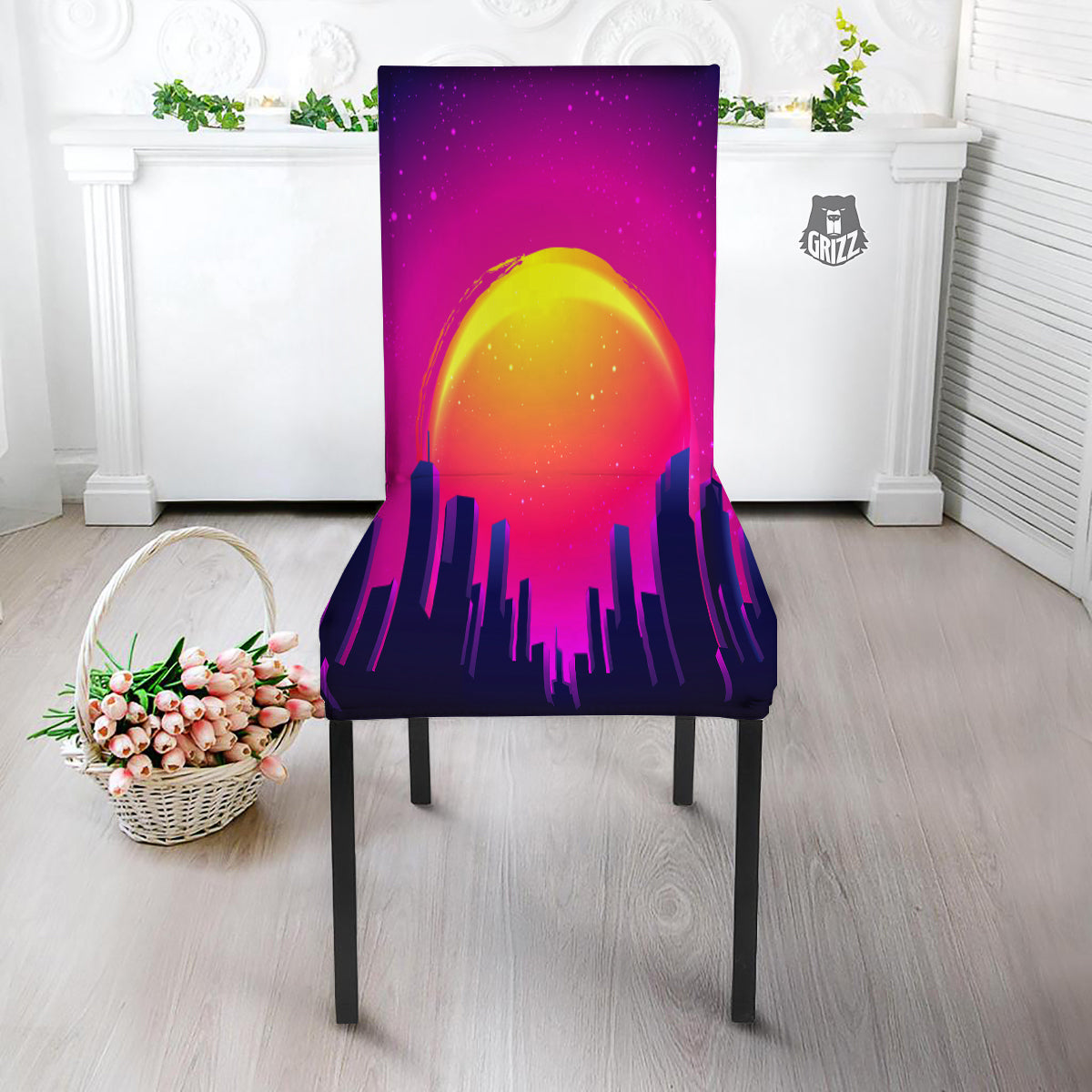 Retro City Sunrise Print Dining Chair Slipcover-grizzshop