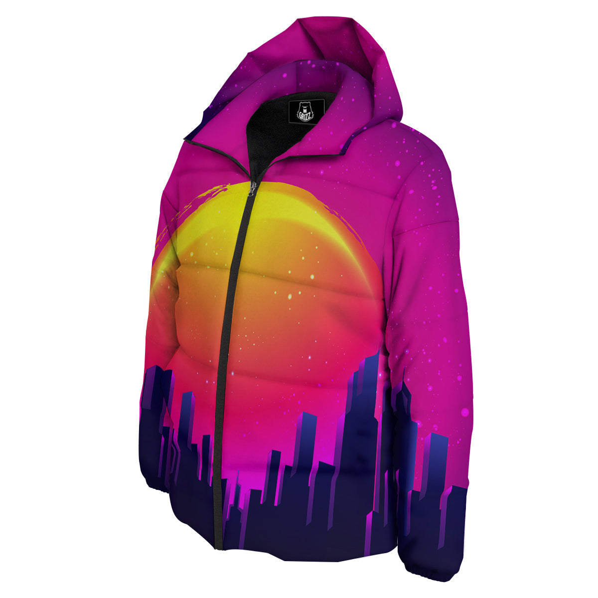 Retro City Sunrise Print Down Jacket-grizzshop