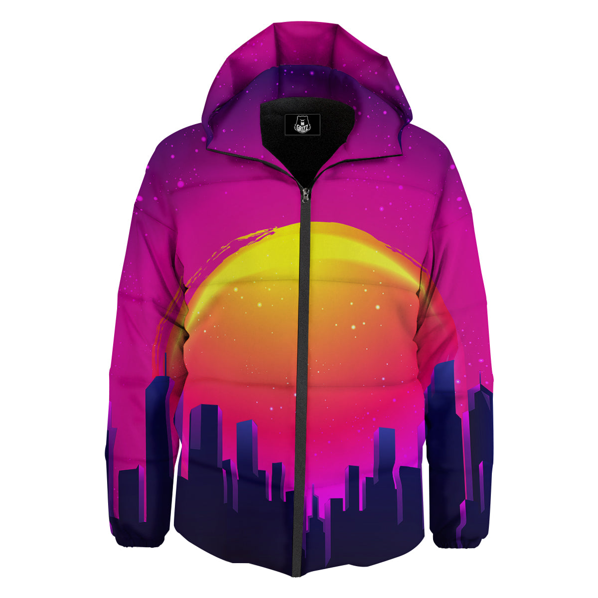 Retro City Sunrise Print Down Jacket-grizzshop
