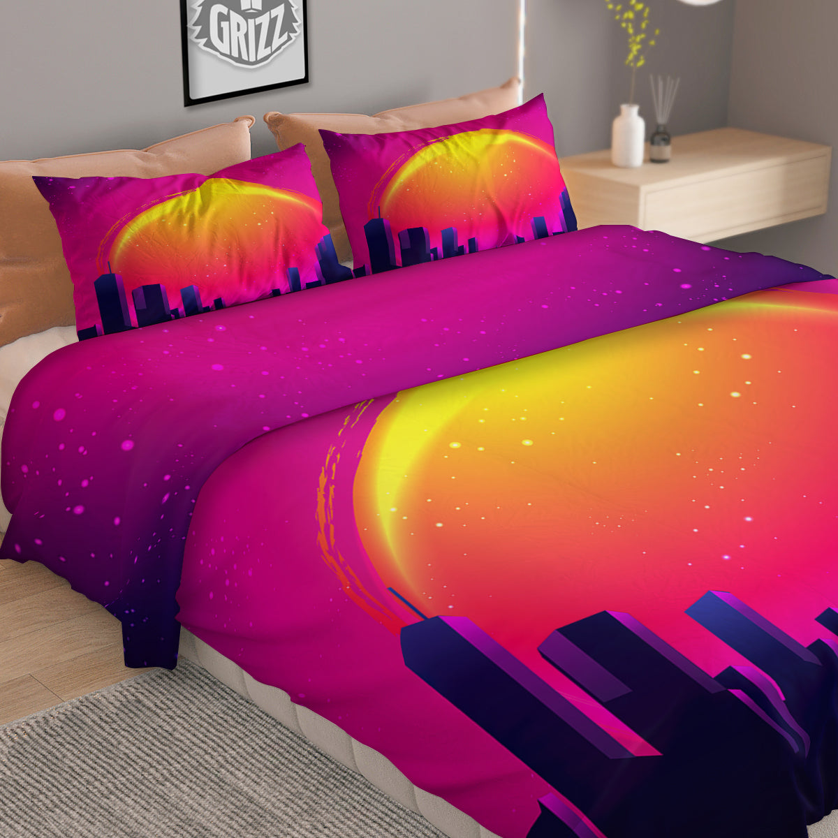 Retro City Sunrise Print Duvet Cover Bedding Set
