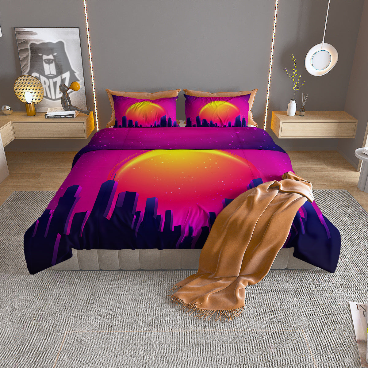 Retro City Sunrise Print Duvet Cover Bedding Set