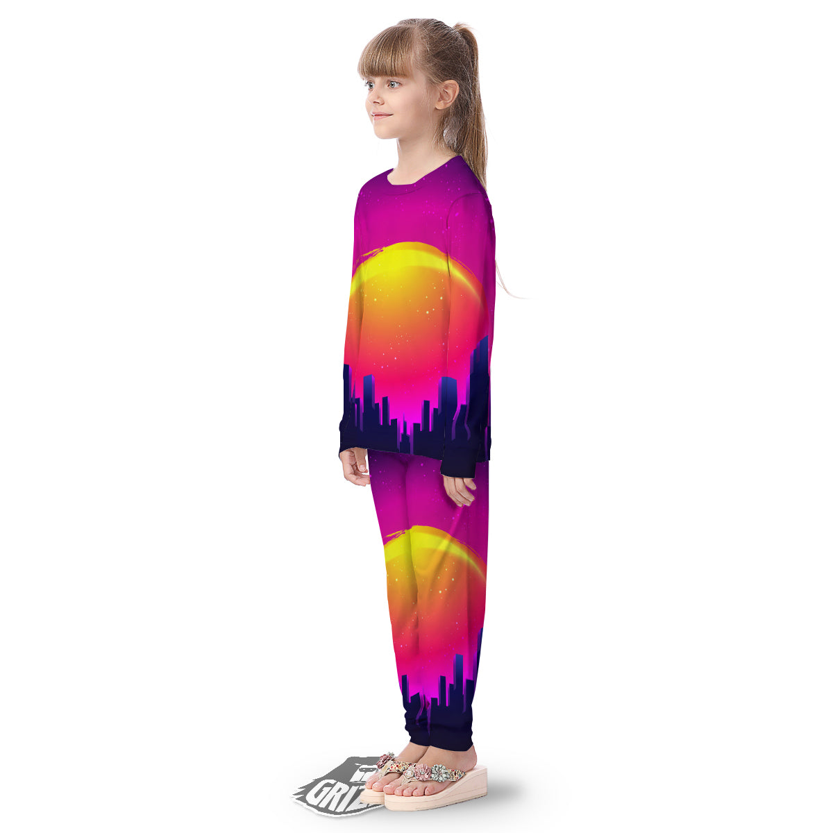 Retro City Sunrise Print Kid's Pajamas-grizzshop