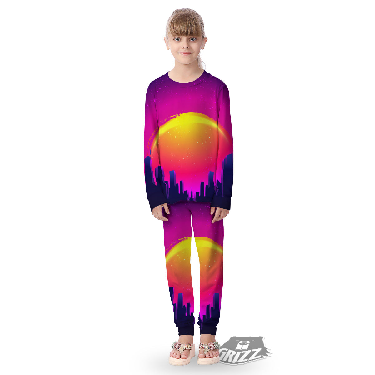 Retro City Sunrise Print Kid's Pajamas-grizzshop