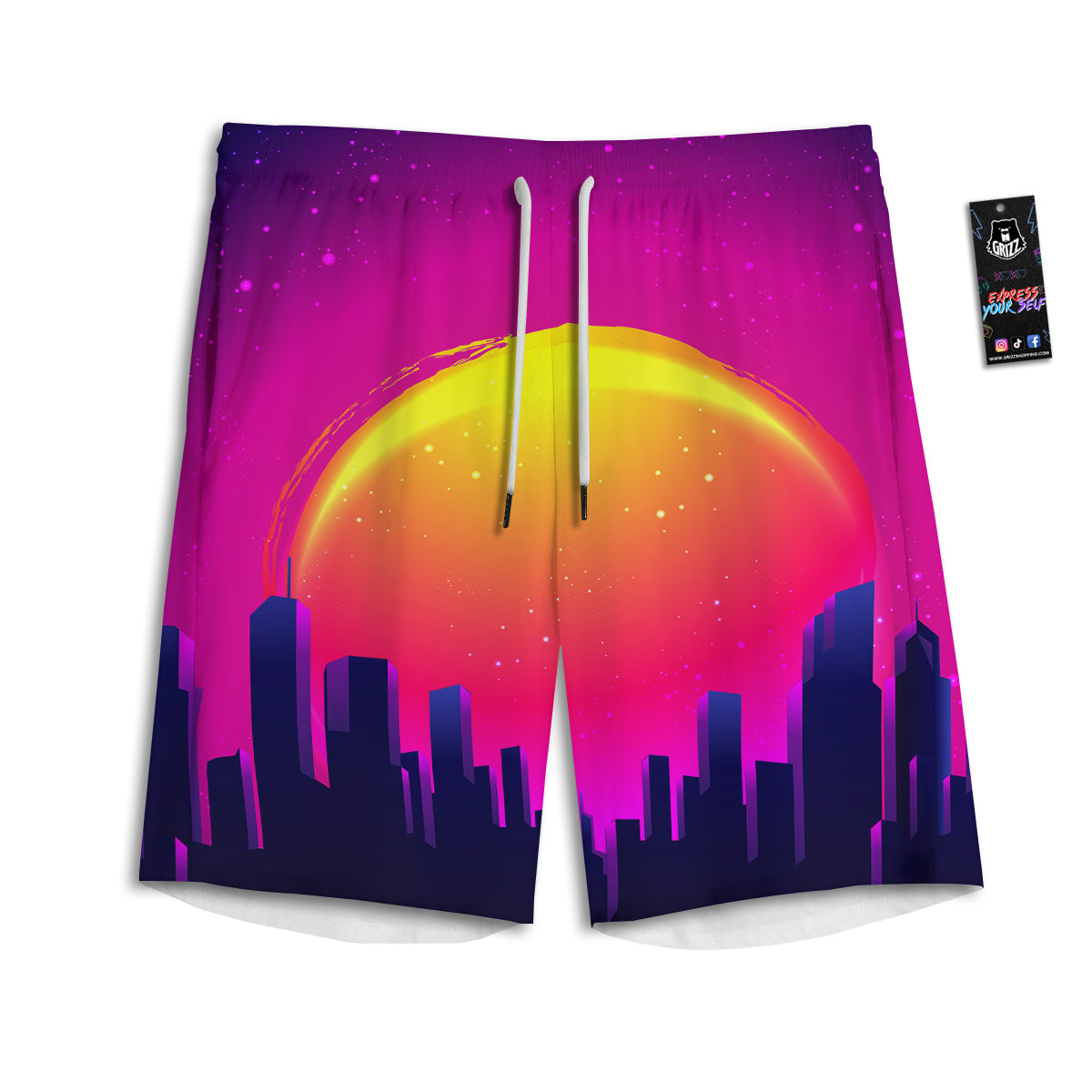 Retro City Sunrise Print Men's Athletic Shorts