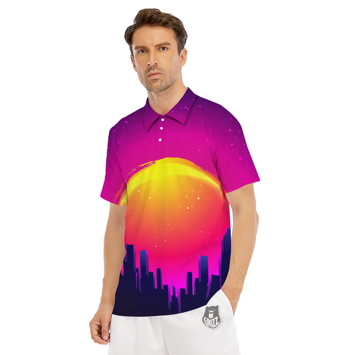 Retro City Sunrise Print Men's Golf Shirts-grizzshop