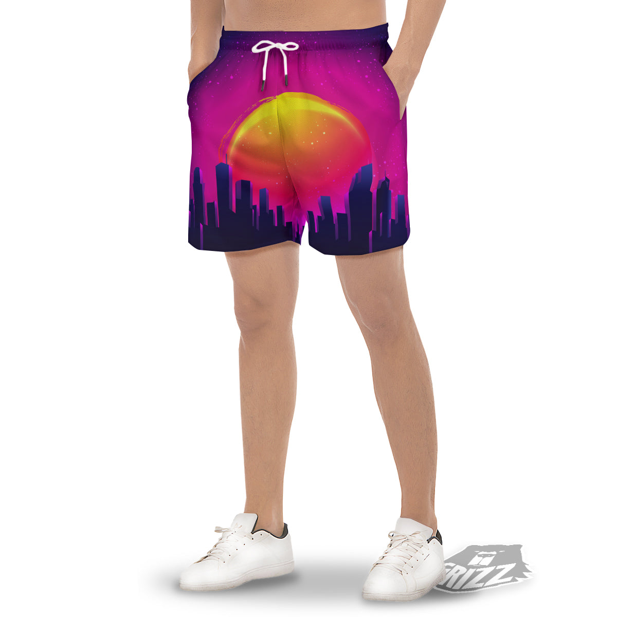 Retro City Sunrise Print Men's Gym Shorts-grizzshop