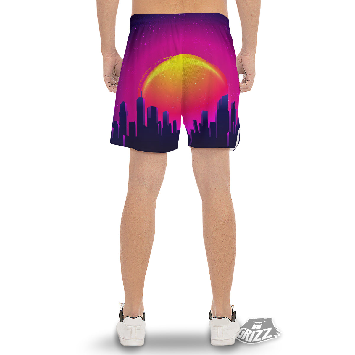 Retro City Sunrise Print Men's Gym Shorts-grizzshop