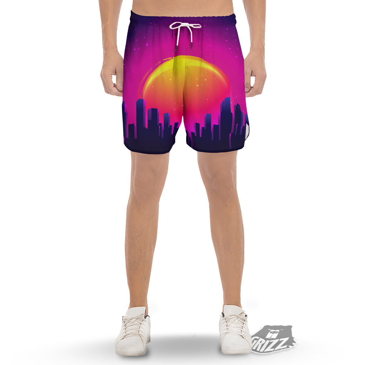 Retro City Sunrise Print Men's Gym Shorts-grizzshop