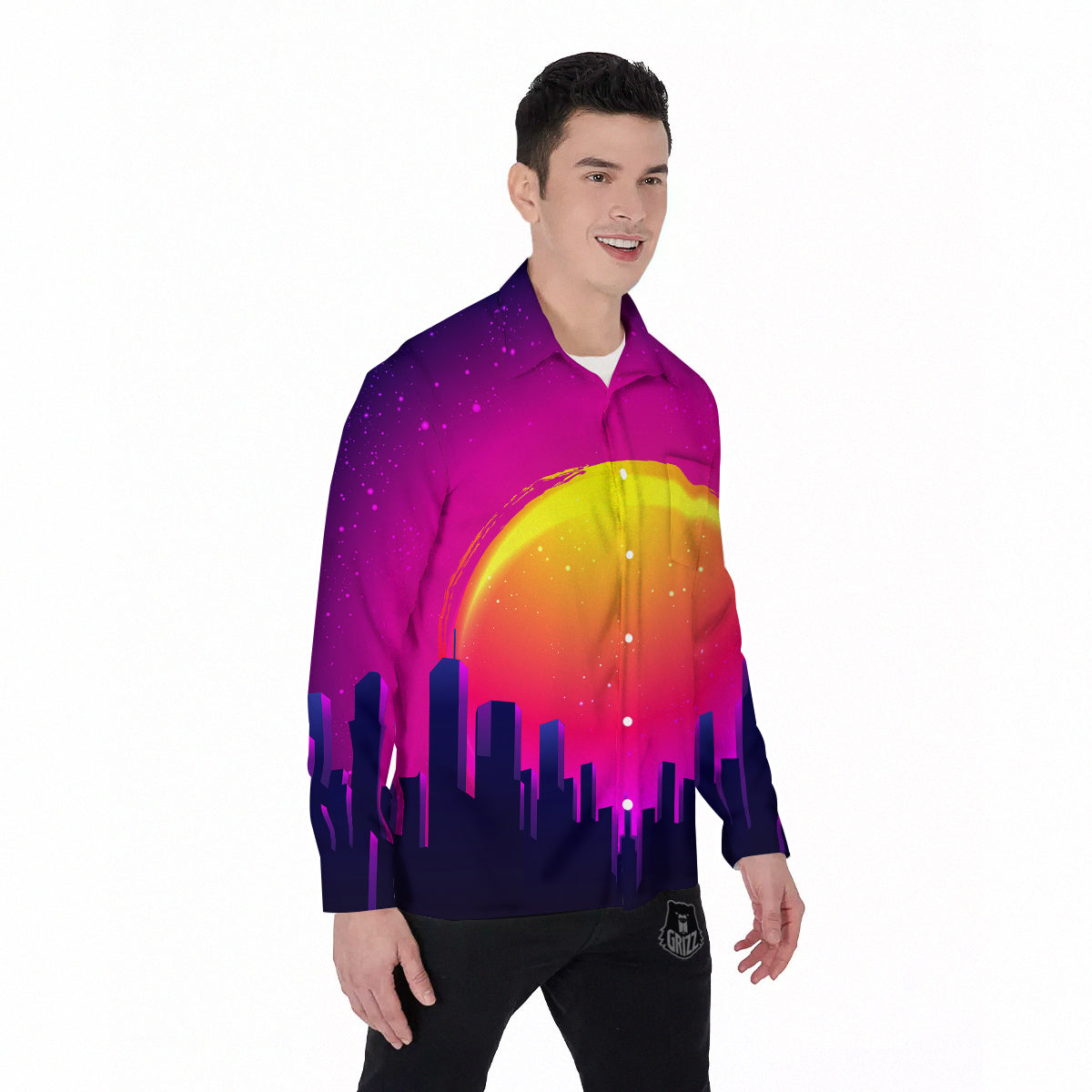 Retro City Sunrise Print Men's Long Sleeve Shirts-grizzshop